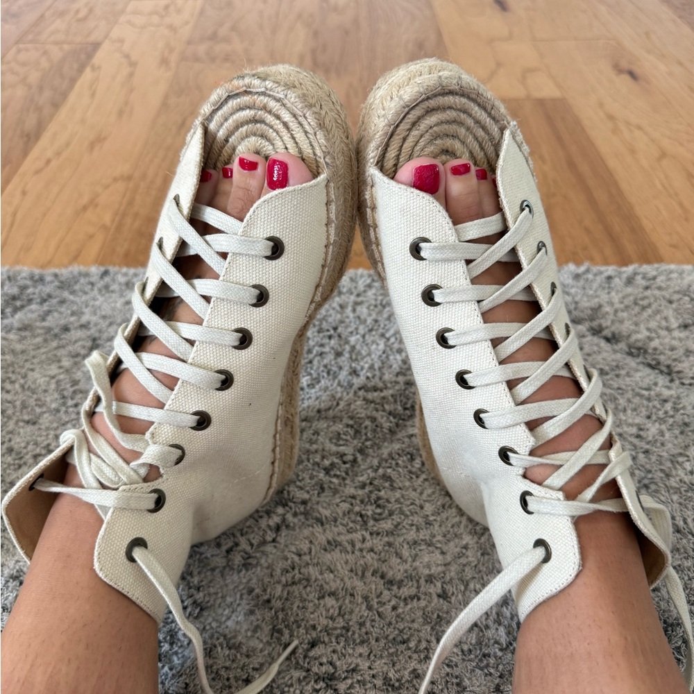 Lace-Up Canvas Espadrille Sandals in Off-White
